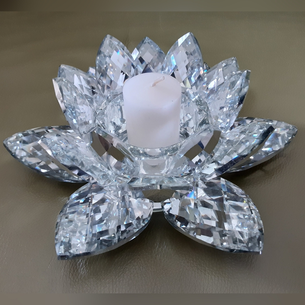 Lotus Flower Crystal Cut Glass Faceted Mirror Sparkling Candle Holder 8" - Picture 3 of 7
